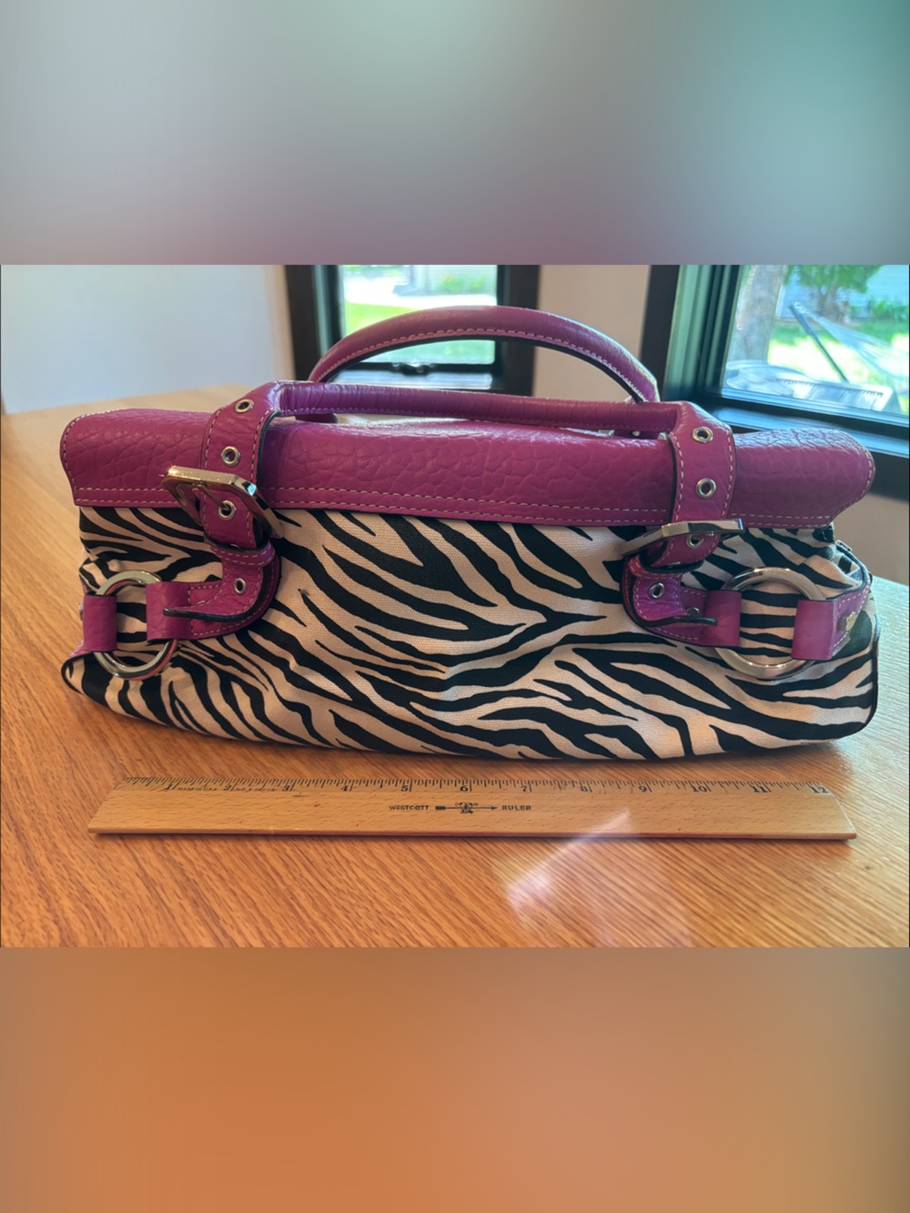 Zebra Print Adrienne Vittadini Satchel with Magenta Trim - Picture 3 of 5